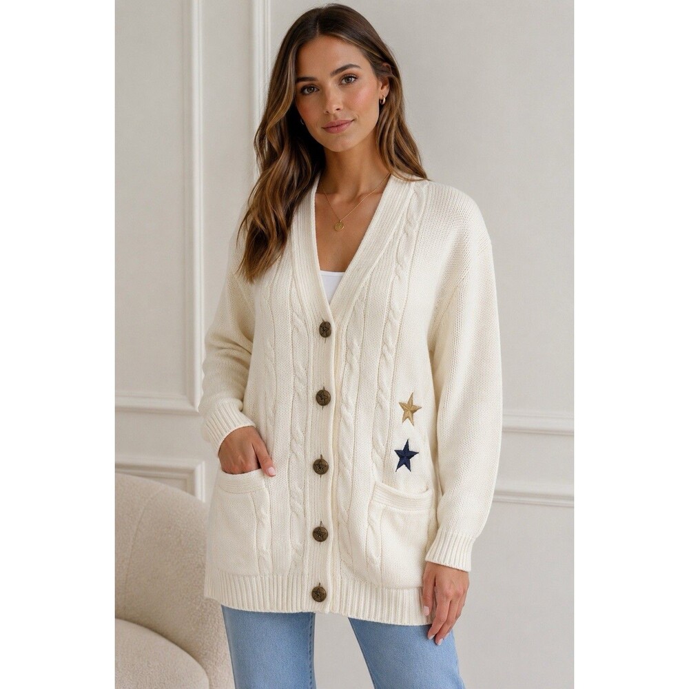 Iceberg Italia Cable Knit Cardigan Sweater Ivory Star Buttons Stars Size S